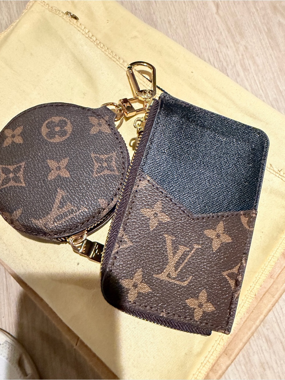 Flower Design Brown Monogram Key Pouch and Coin Case Set